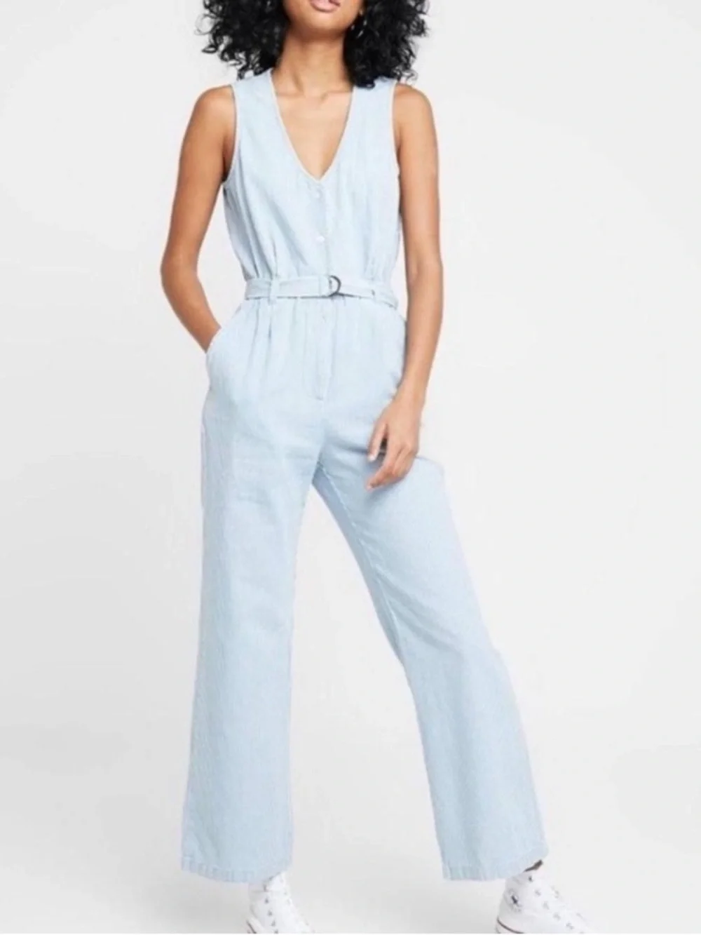 Obey Ombre Light Blue Pinstripe Sleeveless Belted Jumpsuit, size medium - Picture 1 of 9